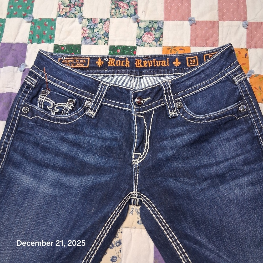 Rock Revival Molly Boot Cut Blue Jeans Size 29 Blue Sequin Embroidered Pockets - Picture 3 of 15